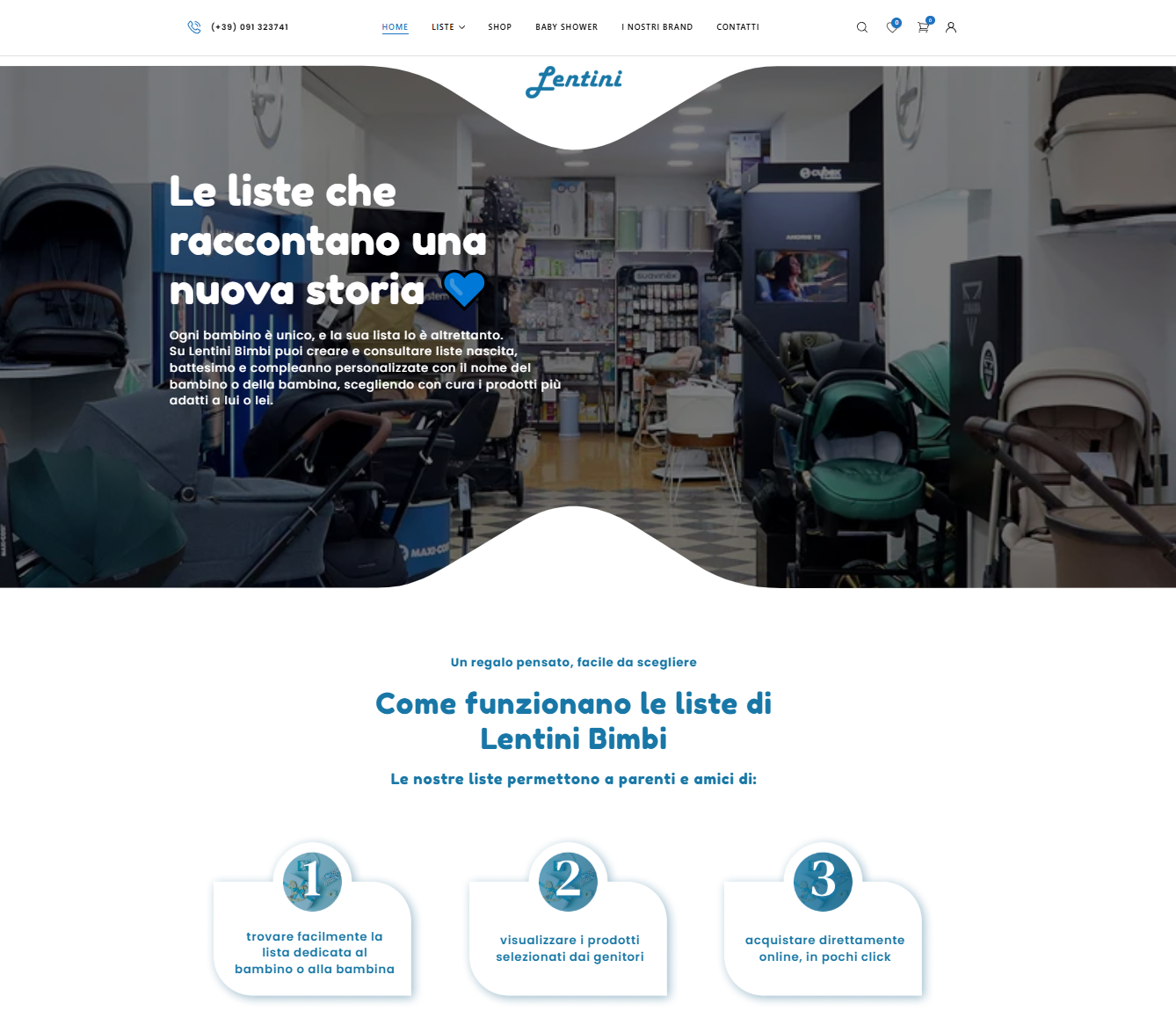 Home page di Lentini Bimbi, e-commerce WooCommerce per liste nascita e battesimo a Palermo